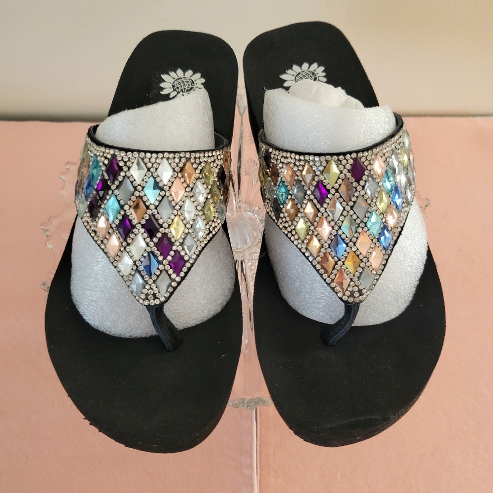 Yellow Box leather flip flops with multi colored crystals. US size 8.5. "Perri"